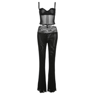 Lace mesh ruffle sweetheart neck cami pant set