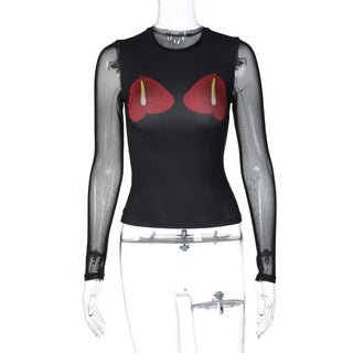 Long sleeve mesh crewneck flower pattern patchwork top