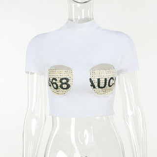 Short sleeve print high neck crop top