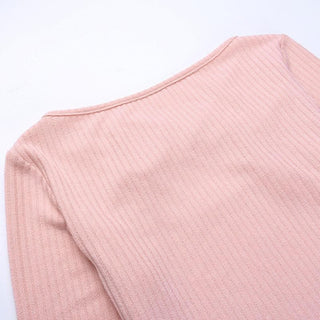 Long sleeve knitted hollow out ribbed cross front crop cut out top