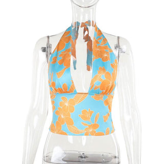 Self tie halter flower print backless contrast top