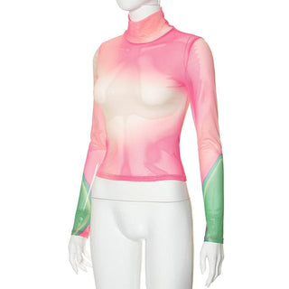 Long sleeve high neck print sheer mesh contrast top