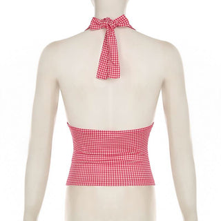 V neck halter polka dot print backless top