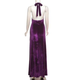 Halter v neck velvet tassels slit backless maxi dress