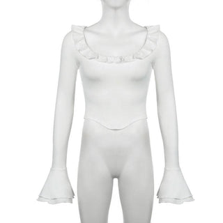 Long flared sleeve crewneck ruffle solid top