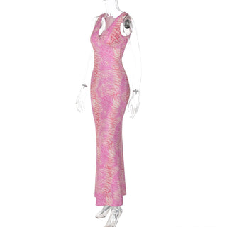 Sleeveless v neck print backless maxi dress