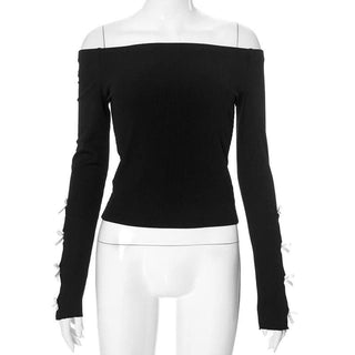 Long sleeve off shoulder bowknot hollow out ribbed cut out top