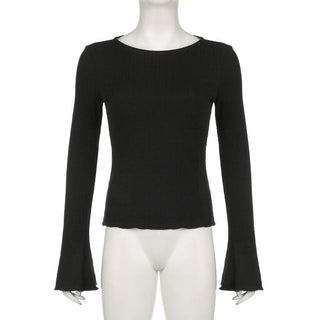 Long flared sleeve crewneck ribbed ruffle solid top