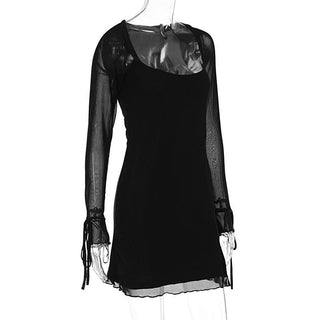 Long sleeve slit mesh square neck mini dress