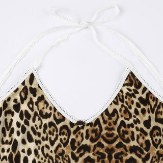 Leopard print halter v neck flower applique cami top
