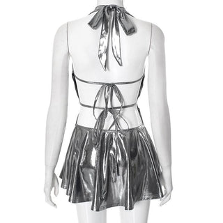 Metallic self tie halter cowl neck backless mini dress