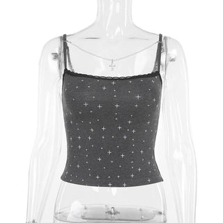 Print lace hem beaded backless cami top