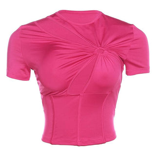 Short sleeve crewneck ruched hollow out corset cut out top