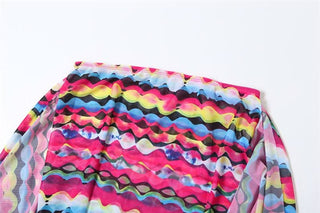 One shoulder irregular mesh print mini skirt set