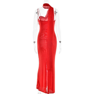 Halter mesh slit backless maxi dress