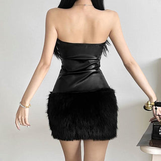 PU leather fluffy zip-up backless tube mini dress