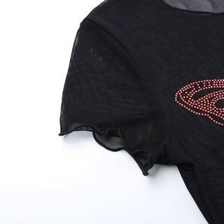 Round neck short sleeve butterfly pattern beaded crop top