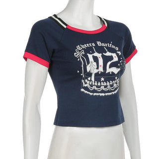 Short sleeve letter print contrast stitch top