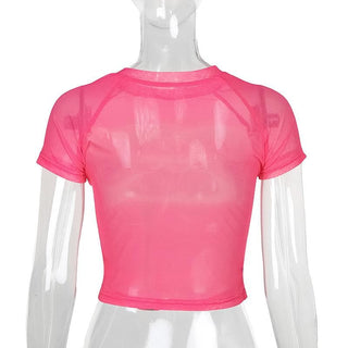 Short sleeve sheer mesh print crop top