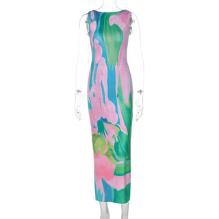 Sleeveless print contrast slit backless midi dress