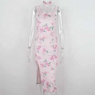 Rose print velvet halter lace up backless slit midi dress
