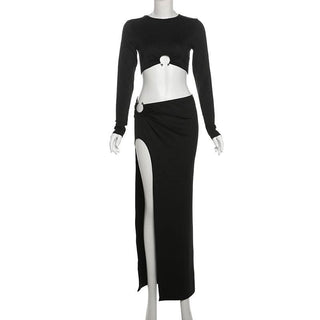 Long sleeve crewneck o ring slit solid maxi skirt set