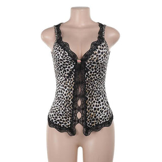 Leopard print lace hem hollow out v neck cut out top