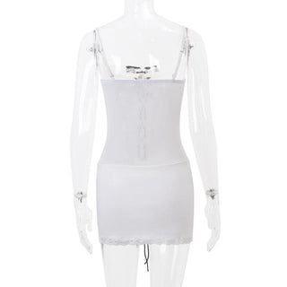 Bowknot lace up lace hem mesh cami mini dress