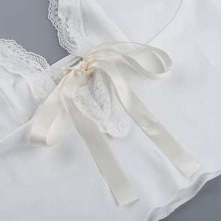 V neck lace hem backless bowknot ribbon crop cami top