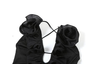 Flower applique ruffle lace up mesh cami jumpsuit