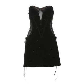 Sweetheart neck velvet lace up mesh beaded mini dress