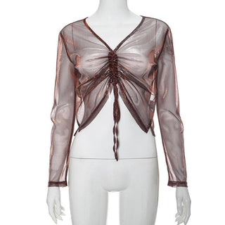 Long sleeve v neck drawstring ruched mesh top