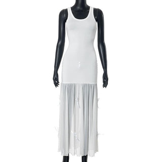 U neck mesh patchwork bowknot 2-way midi dress