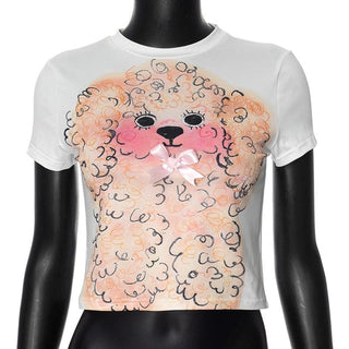 Short sleeve dog print bowknot crop top