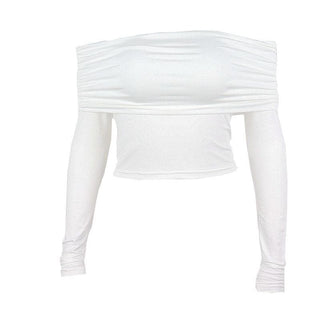 Ruched off shoulder long sleeve backless solid crop top