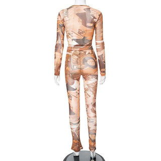 Long sleeve crewneck print sheer mesh pant set