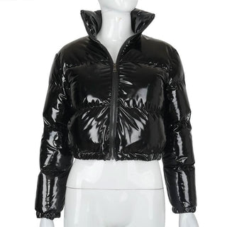 Long sleeve turnover collar zip-up PU leather top