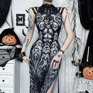 High neck lace up abstract print metal chain slit maxi dress