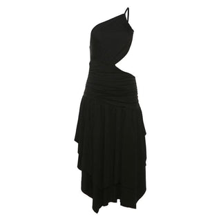 One shoulder hollow out ruched ruffle cut out midi dress-final-sale