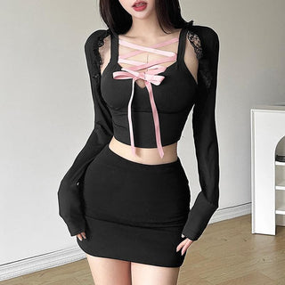 Long sleeve lace hem lace up shrug 2 piece top