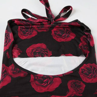 Flower print halter self tie u neck ruched mini dress