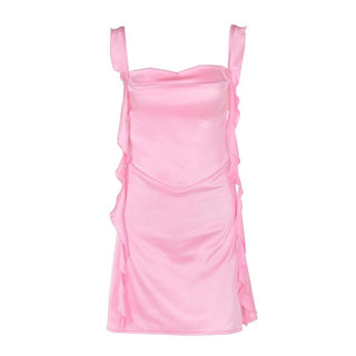 Cowl neck ruffle satin ruched cami mini dress
