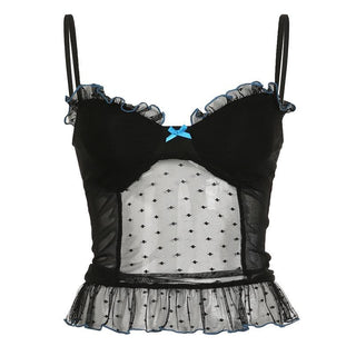 V neck polka dot bowknot mesh ruffle cami top