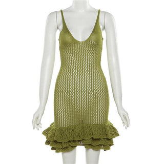 Crochet v neck sleeveless hollow out ruffle cut out mini dress