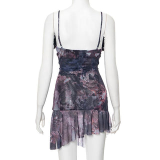 Double layered mesh ruffle hollow out cami cut out mini dress