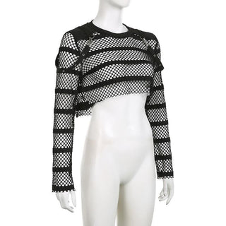 Hollow out long sleeve fishnet see through buckle solid crop cut out top