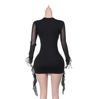 Long sleeve lace up ruffle self tie mesh mini dress