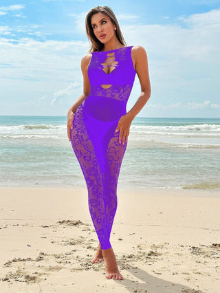 Sleeveless cross front hollow out lace bodystocking