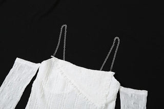 Textured solid long sleeve metal chain lace hem off shoulder top