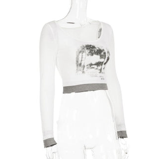 Long sleeve round neck patchwork crop top